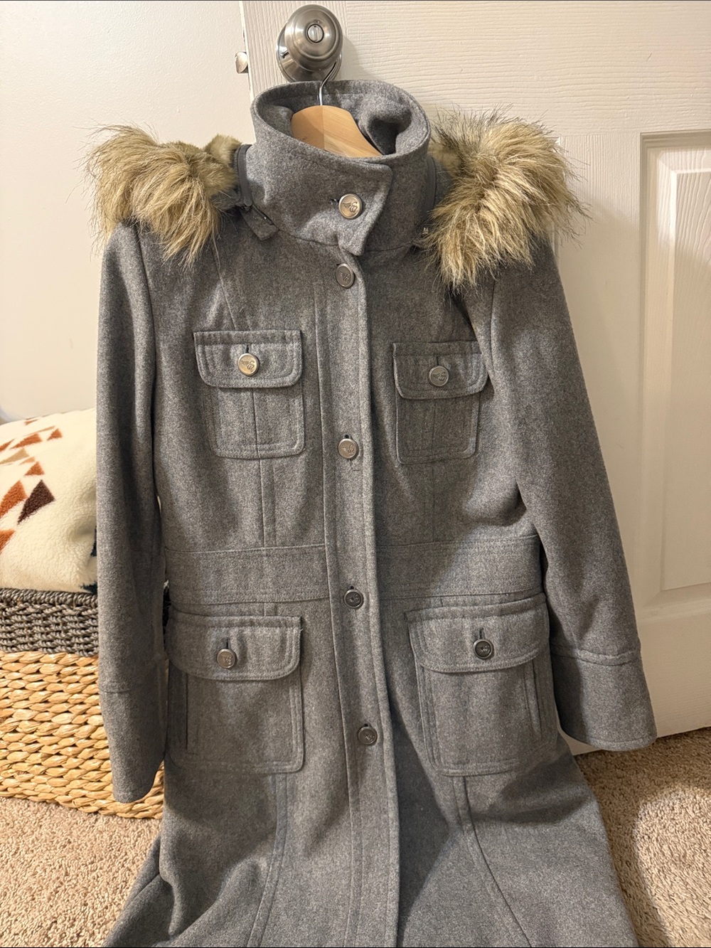 Vintage Esprit Gray Wool-Blend Trench Coat with Faux Fur Hood Trim
